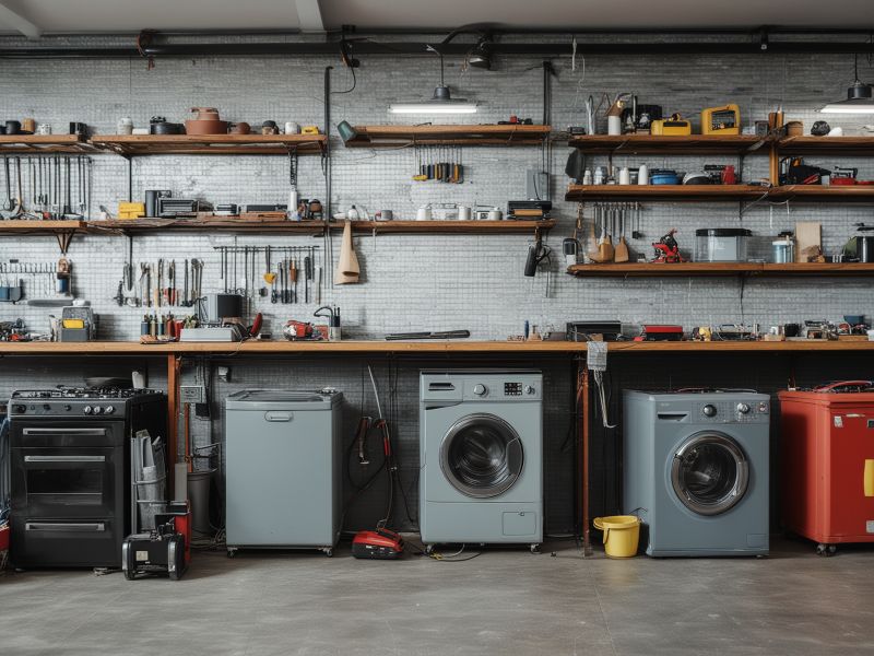 Professional repair service workshop with tools and appliances for services overview section